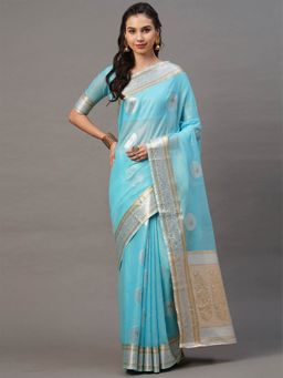 Odette - Sky Blue Festive Silk Blend Woven Design Saree with Unstitched Blouse