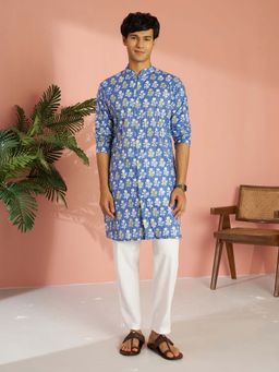 Vastramay - Men Blue Cotton Blend Floral Printed Embroidered Kurta with Pyjama