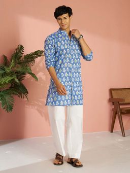 Vastramay - Men Blue Cotton Blend Floral Printed Embroidered Kurta with Pant