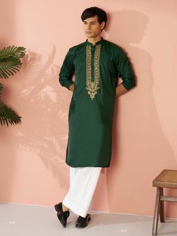 Vastramay - Men Bottle Green Zari Embroidered Kurta with Wide Leg Pant