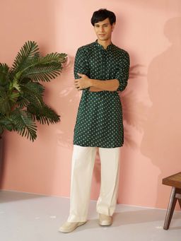 Vastramay - Men Bottle Green Bandhani Printed Kurta with Wide Leg Pant