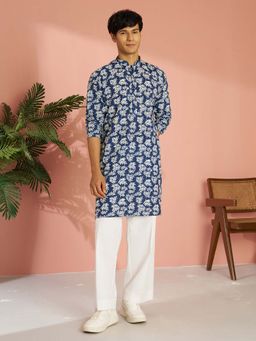 Vastramay - Men Navy Blue Cotton Floral Printed Kantha Work Kurta with Wide Leg Pant
