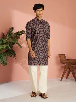 Vastramay - Men Coffee Brown Cotton Floral Printed Kurta with Wide Leg Pant