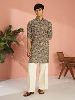 Vastramay - Men Multi-Color Cotton Floral Printed Kurta with Wide Leg Pant