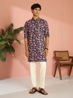 Vastramay - Men Navy Blue Floral Digital Print Kurta with Pyjama