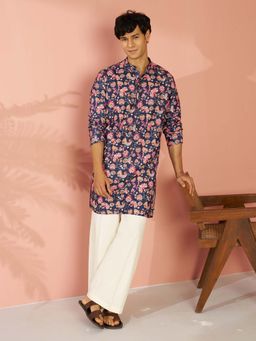 Vastramay - Men Navy Blue Floral Digital Print Kurta with Wide Leg Pant