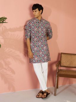Vastramay - Men Blue Cotton Patola Printed Kurta with Pyjama