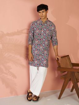 Vastramay - Men Blue Cotton Patola Printed Kurta with Wide Leg Pant