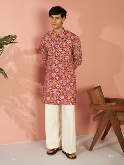 Vastramay - Men Red Cotton Patola Printed Kurta with Wide Leg Pant