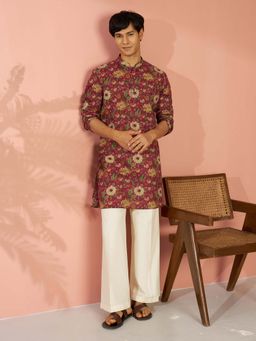 Vastramay - Men Pink Cotton Floral Printed Kurta with Wide Leg Pant