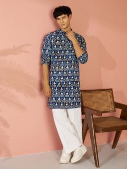Vastramay - Men Blue Cotton Batik Printed Kurta with Wide Leg Pant