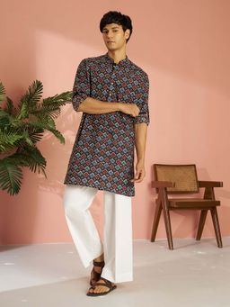 Vastramay - Men Black Cotton Geometric Printed Kurta with Wide Leg Pant