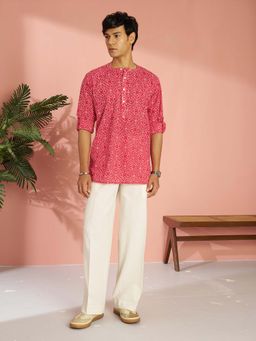 Vastramay - Men Pink Bandhani Printed Kurta with Wide Leg Pant
