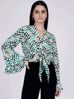 First Resort by Ramola Bachchan - Green And White Chevron Knot Top