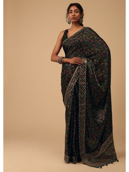 KALKI FASHION - Bottle Green Saree with Unstitched Blouse Floral Print & Sequins