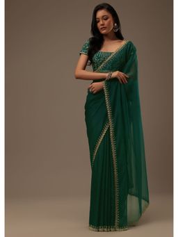 KALKI FASHION - Teal Green Plain Organza Saree with Unstitched Blouse