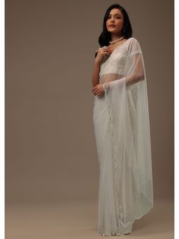 KALKI FASHION - Daisy White Net Fabricated Saree with Unstitched Blouse Mirror Work