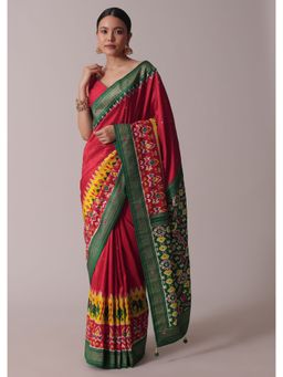 KALKI FASHION - Red Patola Printed Embroidered Festive Saree with Unstitched Blouse
