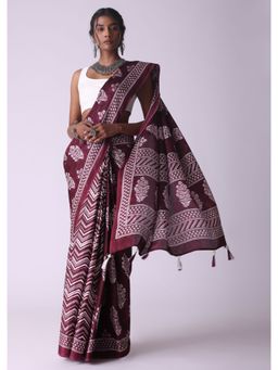 KALKI FASHION - Rhododendron Wine Batik Printed Crepe Saree with Unstitched Blouse