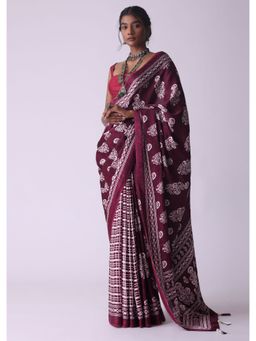 KALKI FASHION - Beet Wine Batik Printed Crepe Saree with Unstitched Blouse
