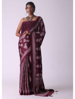KALKI FASHION - Plum Wine Batik Printed Crepe Saree with Unstitched Blouse