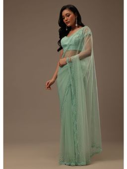 KALKI FASHION - Light Green Stone & Beads Embellished Net Saree with Unstitched Blouse