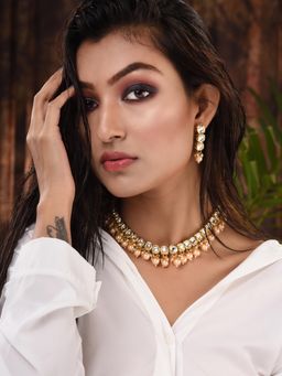 Saraf RS Jewellery - Gold Plated Single Line Kundan Pearl Beaded Necklace Jewellery (Set of 2)