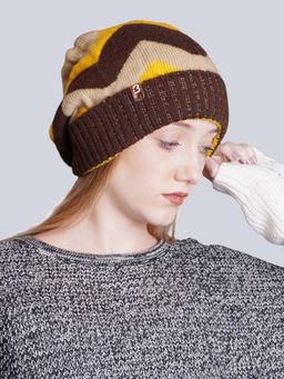 Bharatasya - Stripe Pattern Brown Beanie Cap for Women