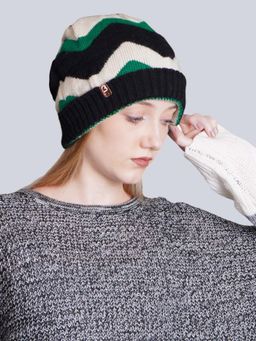 Bharatasya - Stripe Pattern Green Beanie Cap for Women