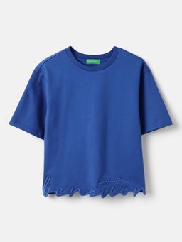 United Colors of Benetton - Boxy Fit Round Neck Solid Bottom Laser Cut Out Crop T-shirt