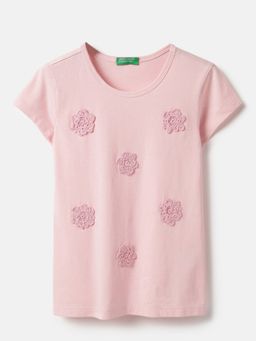 United Colors of Benetton - Regular Fit Round Neck Crochet Patch T-shirt - Pink