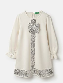 United Colors of Benetton - Regular Fit Round Neck Sequin Bow Dress - Off White