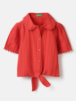 United Colors of Benetton - Regular Fit Textured Knotted Shirt - Coral