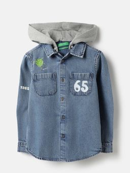 United Colors of Benetton - Regular Fit Hooded Neck Solid Light Wash Denim Shirt