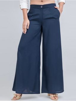 Bcz Style - Women Navy Blue Rayon Plain Button Fly Palazzo