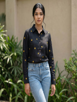 Vastara TheLabel - Sunflower Embroidered Organic Cotton Black Shirt