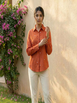 Vastara TheLabel - Coffee Embroidered Organic Cotton Orange Shirt