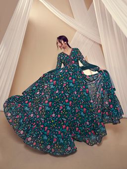 INDDUS - Teal Floral Printed Kurta with Dupatta