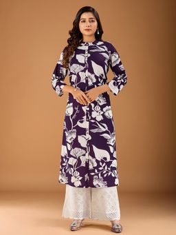 INDDUS - Wine Floral Printed A-Line Button Detailed Kurta