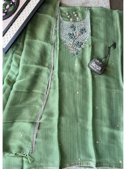 Paisley - Women Green Tissue Embroidered Unstitched Kurta with Pant and Dupatta