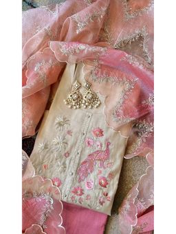 Paisley - Women Pink Mul Chanderi Embroidered Unstitched Kurta with Pant and Dupatta