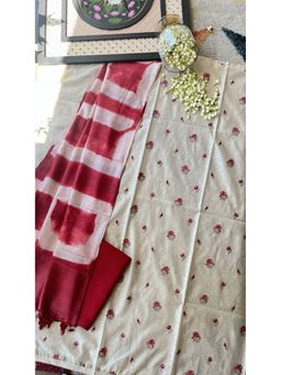 Paisley - Women Red Tussar Silk Embroidered Unstitched Kurta with Pant and Dupatta