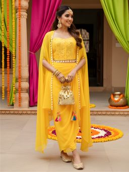 Label Kanupriya - Yellow Draped Skirt With Top and Cape