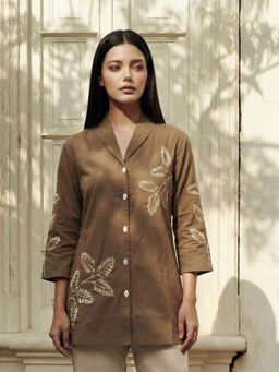 KAFTANIZE - Brown Floral Embroidered Short Kurti