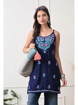 SYRISH - Navy Blue Rayon Spaghetti Strap Straight Kurti