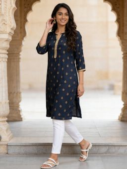 Rangita - Women Blue Rayon Straight Knee Length Kurta