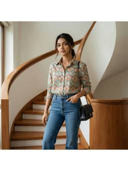 Vastara TheLabel - Leaf Printed Organic Cotton Multi-Color Shirt