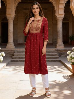 Rangita - Maroon Rayon Knee Length Kurta