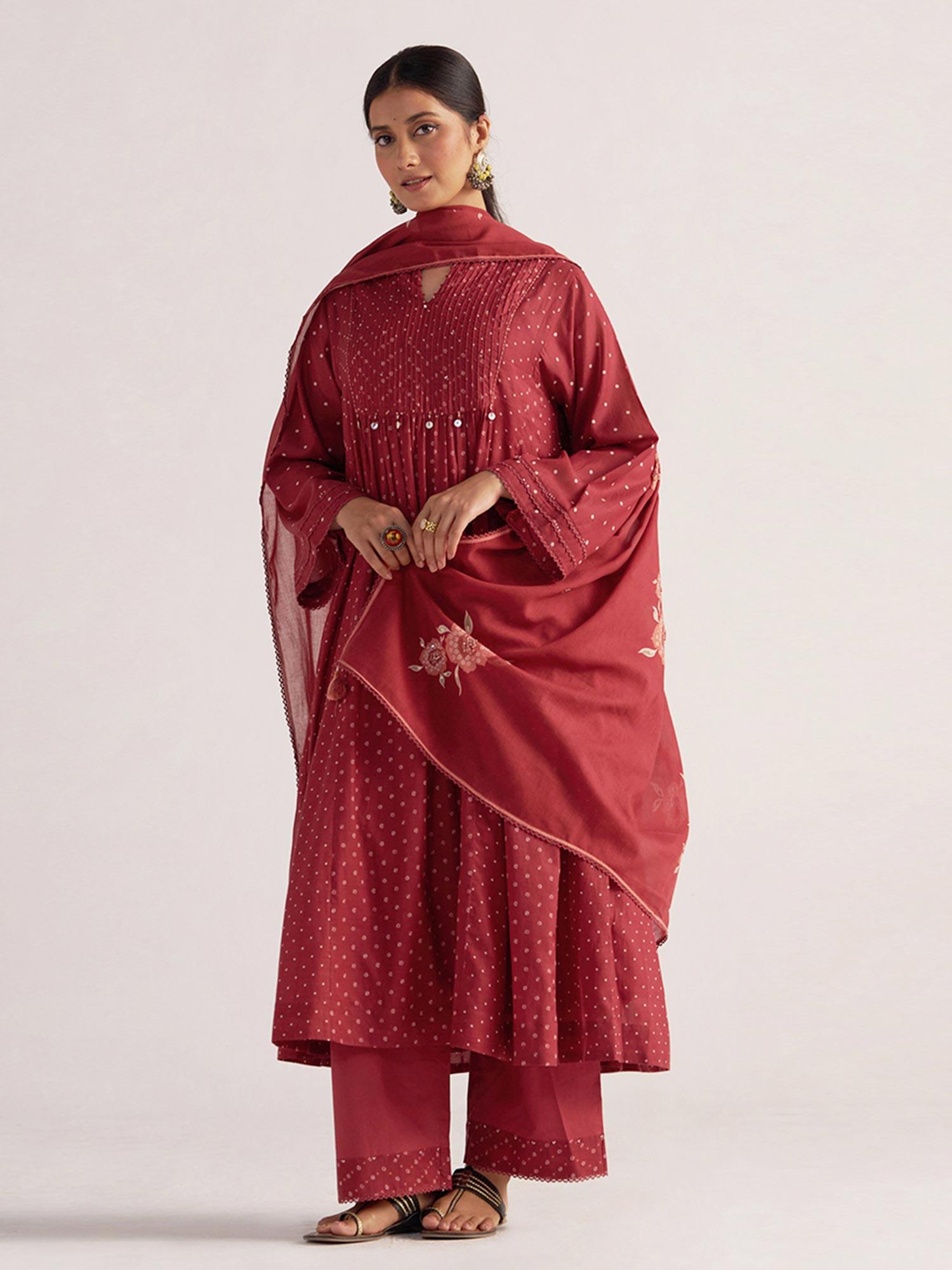 ganga fashions Garnet Red Bandhani Print Kurta Set-picture-12