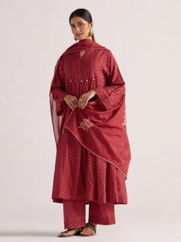 Ganga Fashions - Garnet Red Bandhani Print Kurta Set